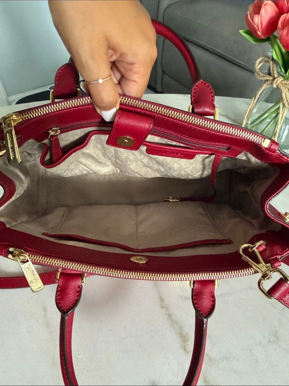 Michael Kors Cherry Red Saffiano Satchel with Gold Hardware